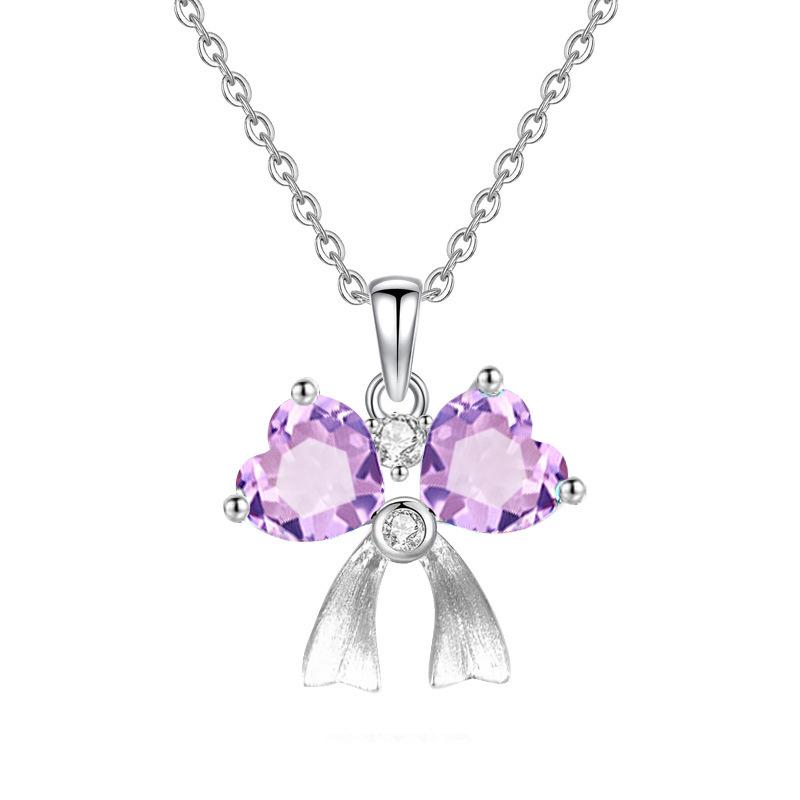 S925 Silver Bowknot Pendant Necklace with Natural Crystal, Love Heart Design 925 silver