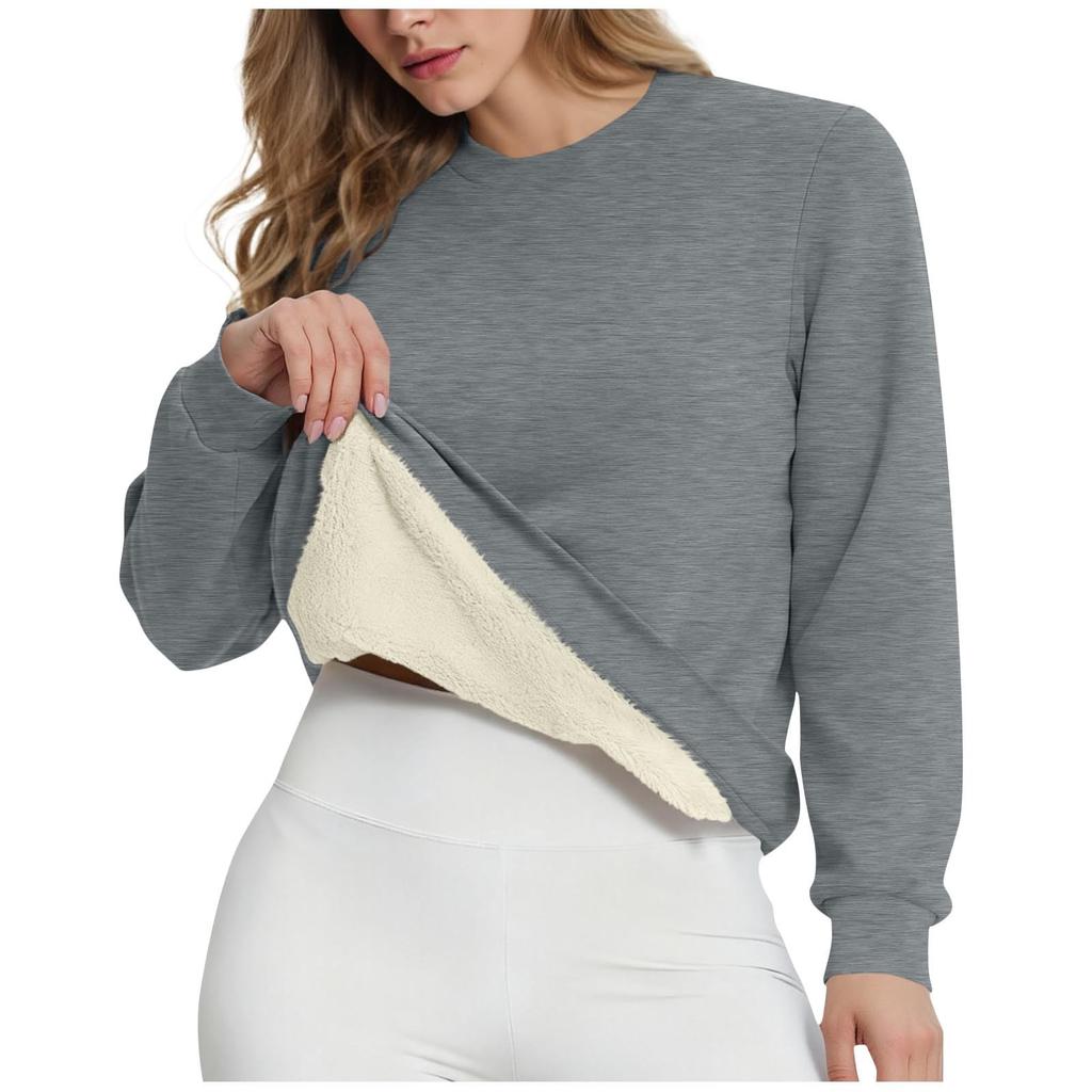 Women's Casual Fashion RoundNeck Pullover Top Winter Solid Color Plush Sweatshirt