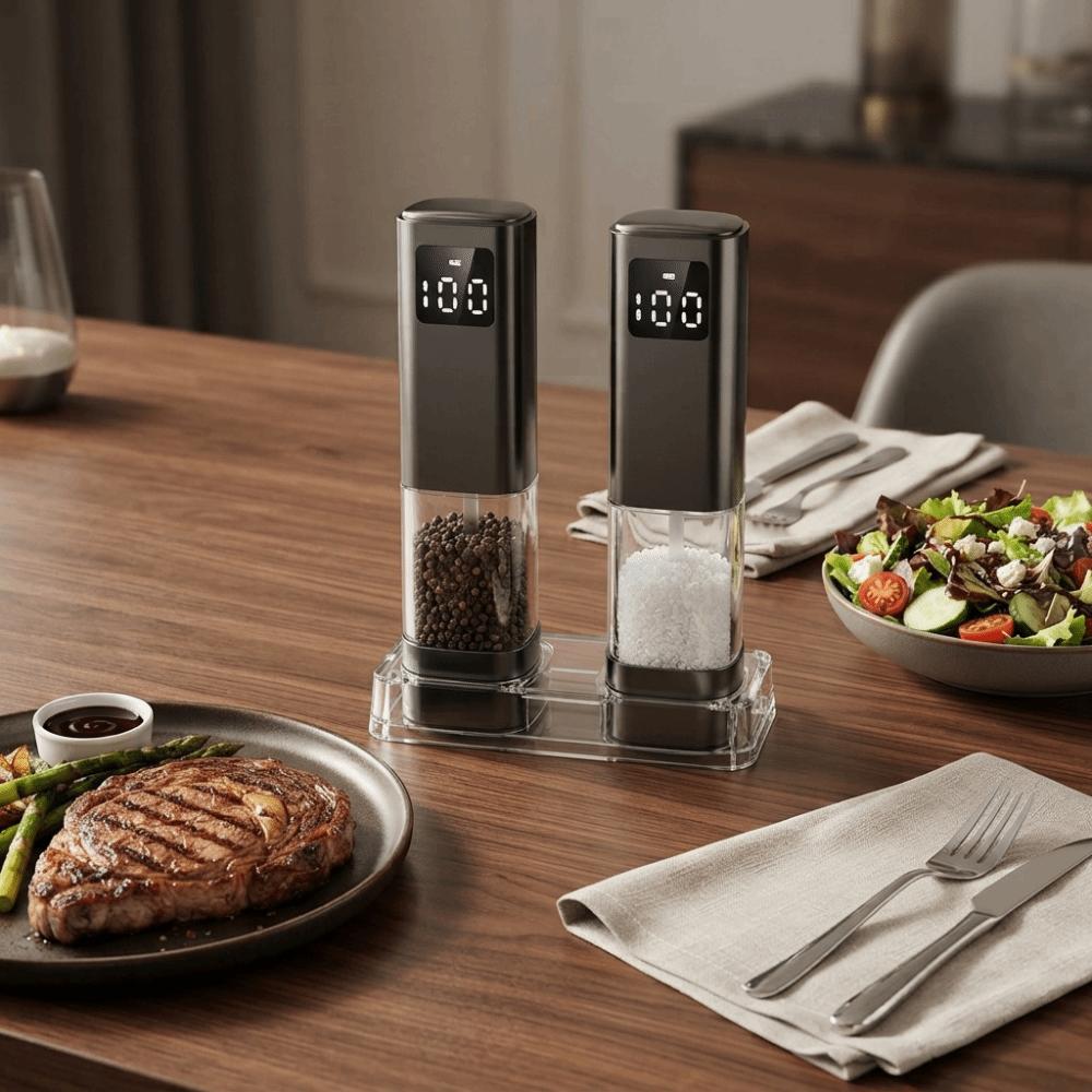 LED Display Electric Salt and Pepper Grinder Adjustable Particle Coarseness Spice Mill  Restaurant