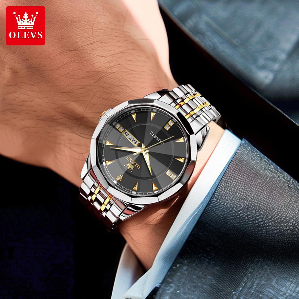 OLEVS Fashion Classic Dual Calendar Quartz Watch For Men Rhombus Mirror Luxury Wristwatch Waterproof Original Man Watches