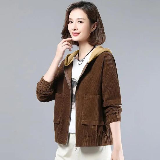 Fall Spring Women Corduroy Jacket Patch Pockets Hooded Loose Colorblock Elastic Cuffs And Hem Streetwear Office And Leisure Coat