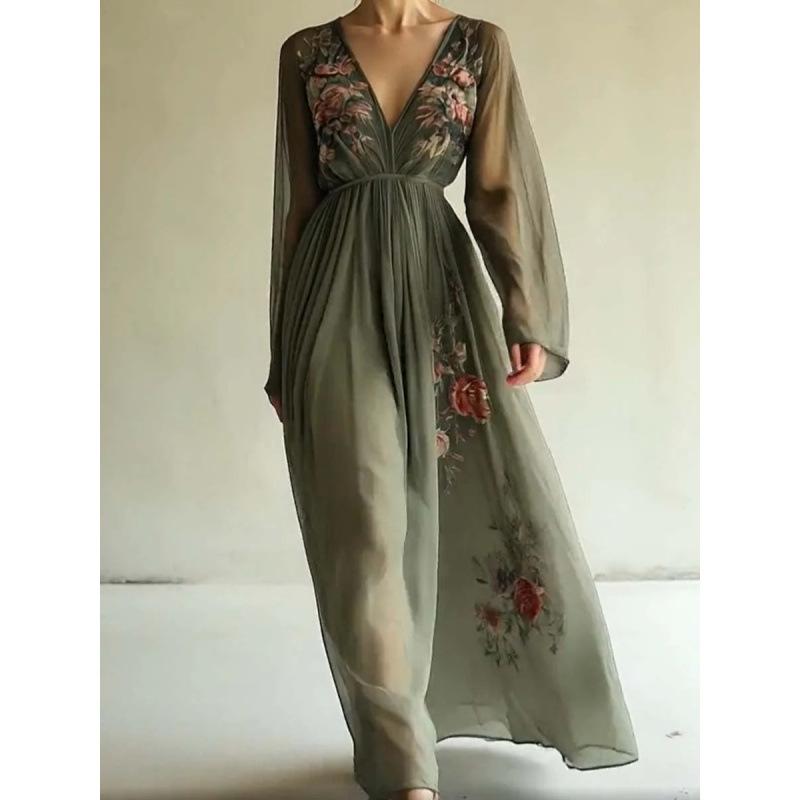 2026 spring and summer digital positioning printing long sleeve long collar dress long dress S