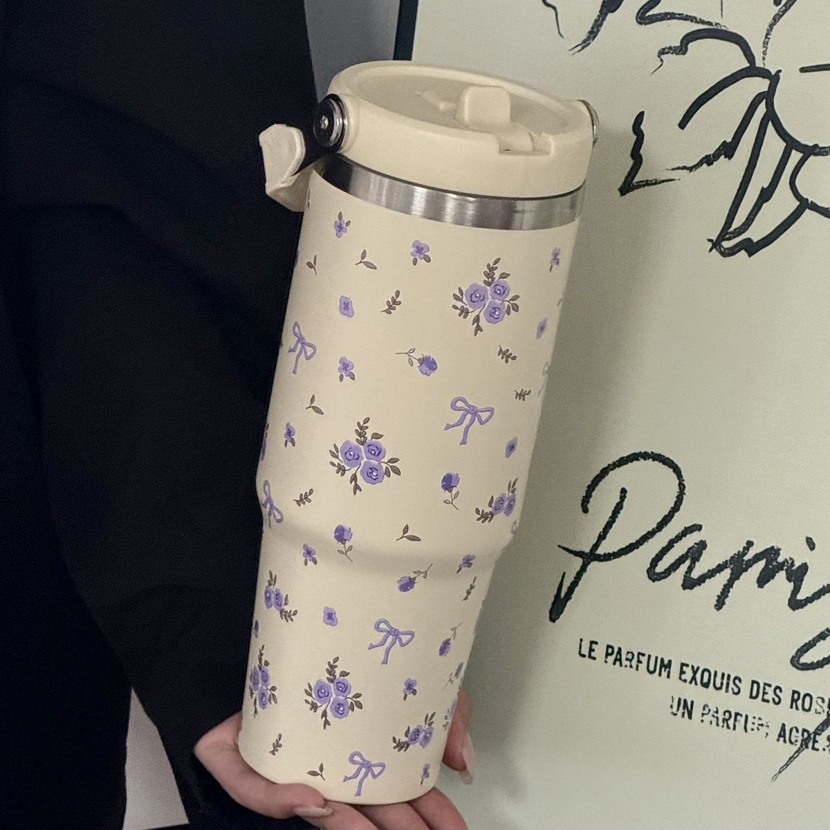 

30oz Cute Bow Flower Straw Tumbler Thermal Water Bottle With Handle Large Capacity Hot and Cold Stainless Steel Thermos Cat Mugs 900ml