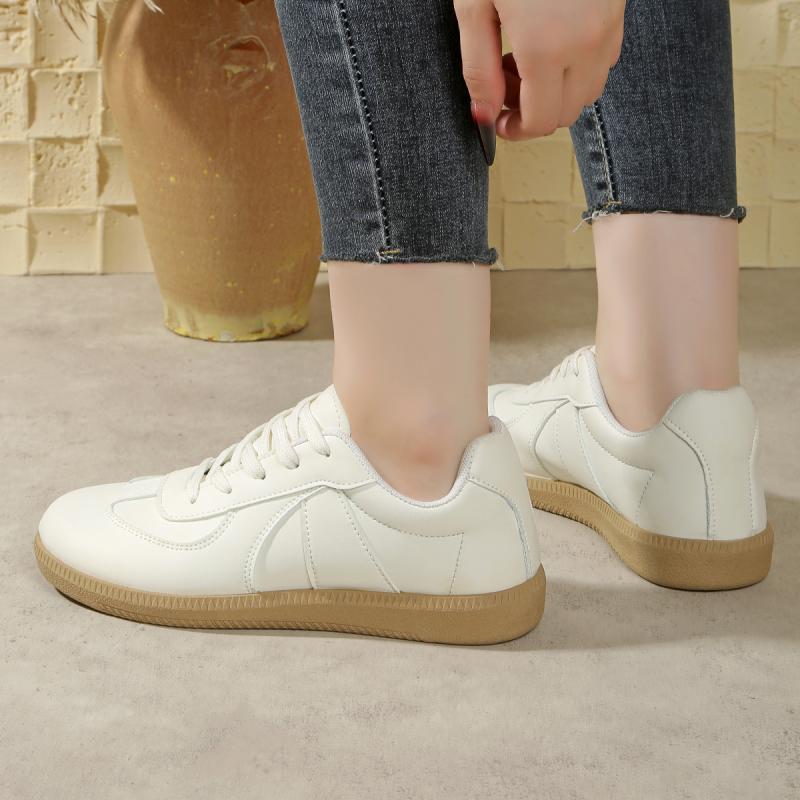 Classic Solid White Pu Lace Up Sneakers Women 2025 Autumn Round Toe Low Heel Non Slip Skateboard Shoes French Retro Casual Shoes