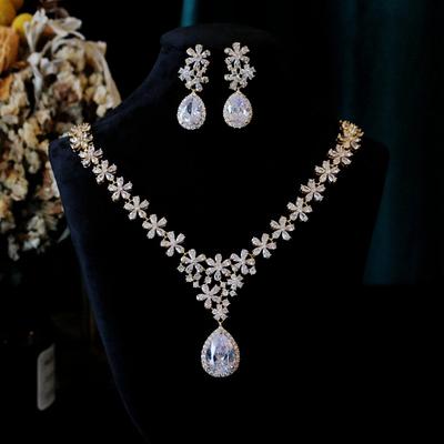 Charm Flower Lab Diamond Jewelry Set 14K White Gold Engagement Wedding Earrings Necklace for Women Bridal Promise Gift