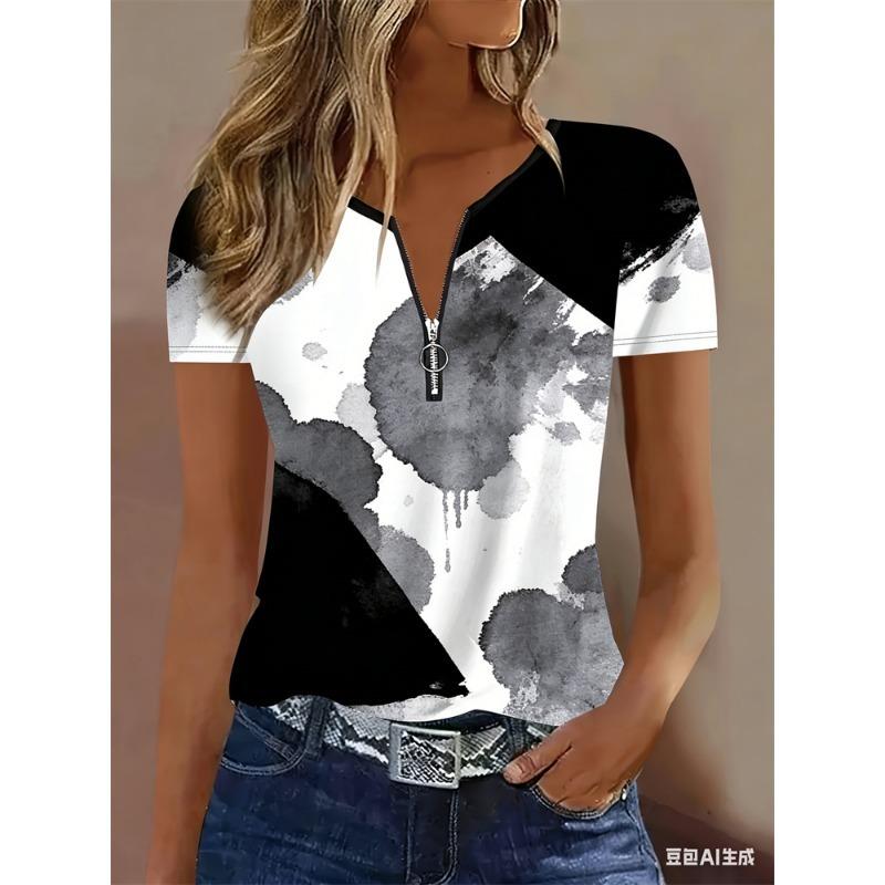 Color-block Quarter-zip T-shirt, Summer Casual Short-sleeve T-shirt, Women's Clothing