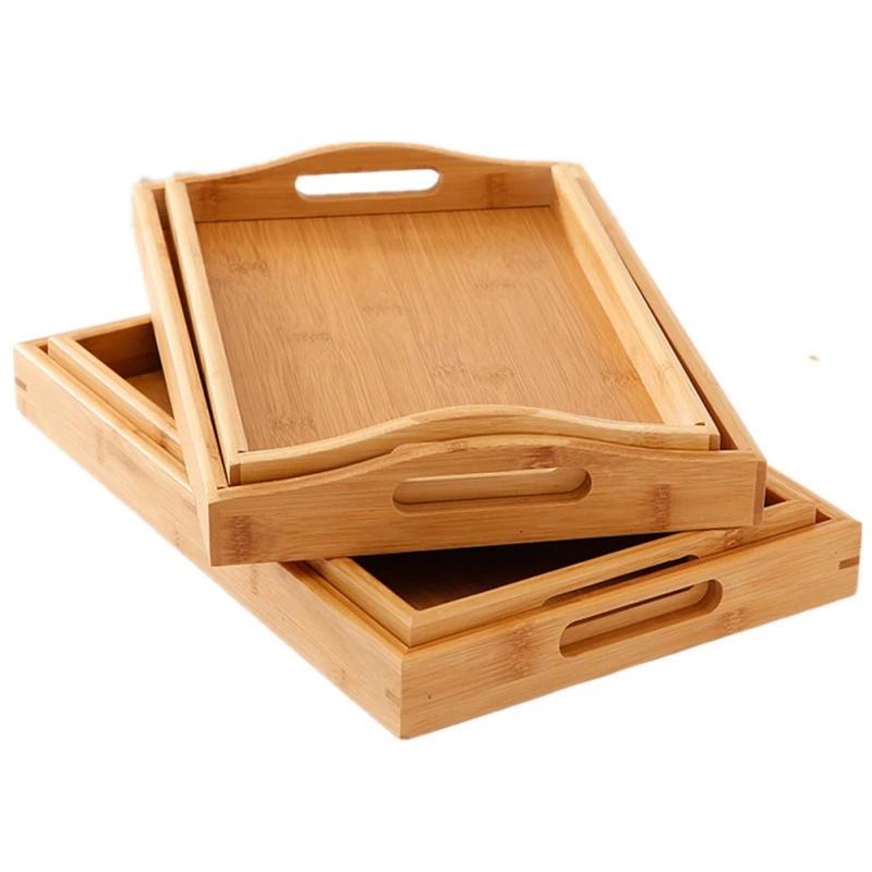Bamboo Wooden Tea Tray Solid Wood Serving Tray Kung Fu Tea Cup Tray With Handle Rectangular Wooden Dinner Bread Fruit Food Plate