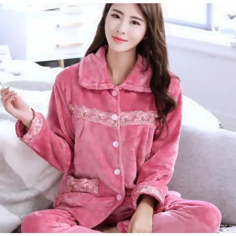 Thick Autumn Winter Warm Flannel Women Pyjamas Sets Long Sleeve Pijama Sleepwear Flannel Women Pajamas Set Home Wear