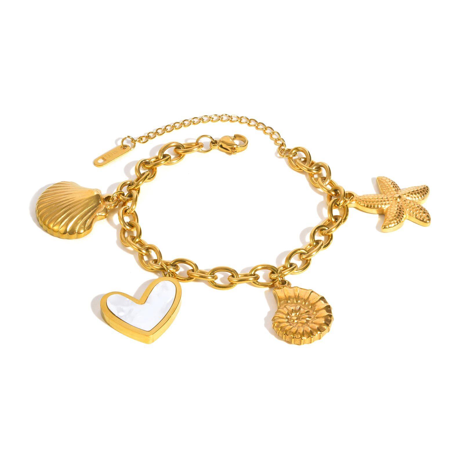 

Shell Starfish Conch Charms Bracelet for Women,18k Gold Plated Stainless Steel Summer Beach Waterproof Jewelry