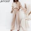 BITCED Herbst und Winter Locker Stretch Knitterhemd Langarm Weitbeinige Hose Freizeitanzug Damen Zweiteiler