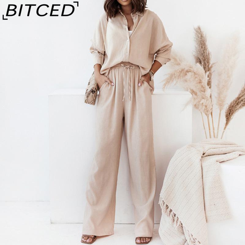 BITCED Herbst und Winter Locker Stretch Knitterhemd Langarm Weitbeinige Hose Freizeitanzug Damen Zweiteiler