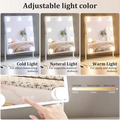 Illuminated Vanity Mirror with 9 LED Bulbs, with Detachable 10x Magnifier, 3 Color Illumination Modes, 360° Swivel