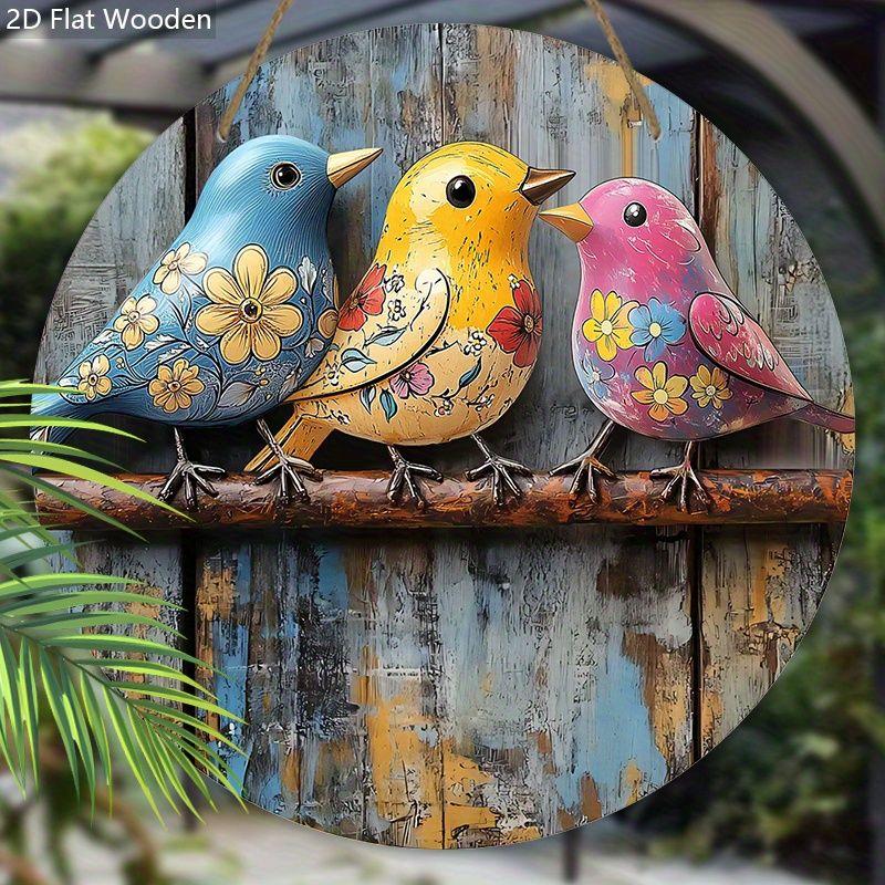 2D Flat Wooden Hanging Decorative Sign, Family Wall or Door Decoration, Garden Decoration, Three Colorful Birds Pattern, Holiday Gifts for Friends