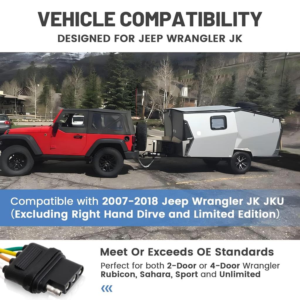 MECMO 4-Pin Trailer Wiring Harness For Jeep Wrangler JK JKU 2007-2018, Tow Hitch Wiring For Rubicon Sahara Sport Unlimited 2-Door 4-Door Trailer