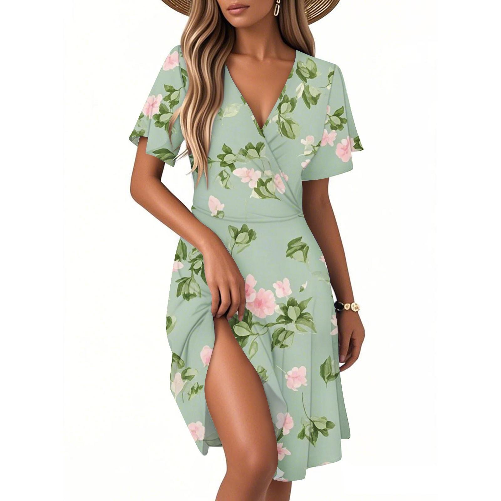 

Женское повседневное модное платье с винтажным цветочным принтом и коротким рукавом и V-образным вырезом S