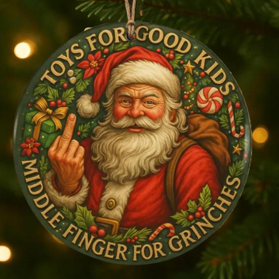 Funny Middle Finger Santa Christmas Ornament Naughty Acrylic Christmas Tree Hanging Ornaments for Window Wall Fireplace Home Tree Decor