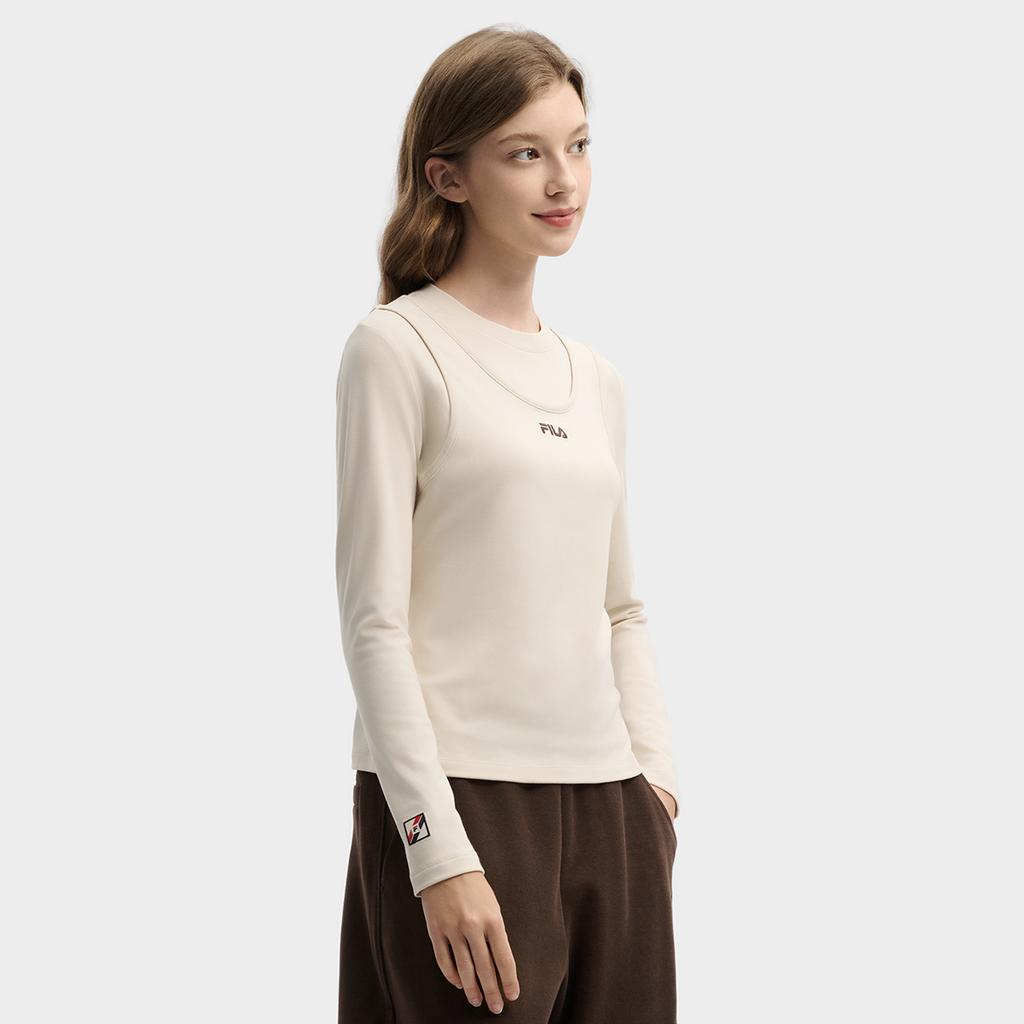 FILA Original Fashion Simple Classic Retro Sports Casual Versatile Comfortable Round Neck Slim Fit Long Sleeve T-Shirt Women tops Khaki F11W619214FBG