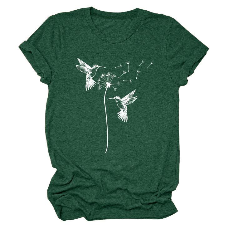 Sommer Rundhals Zwei Vogelmuster Druck Top Modische Lässige Kurzarm Damen T-Shirts