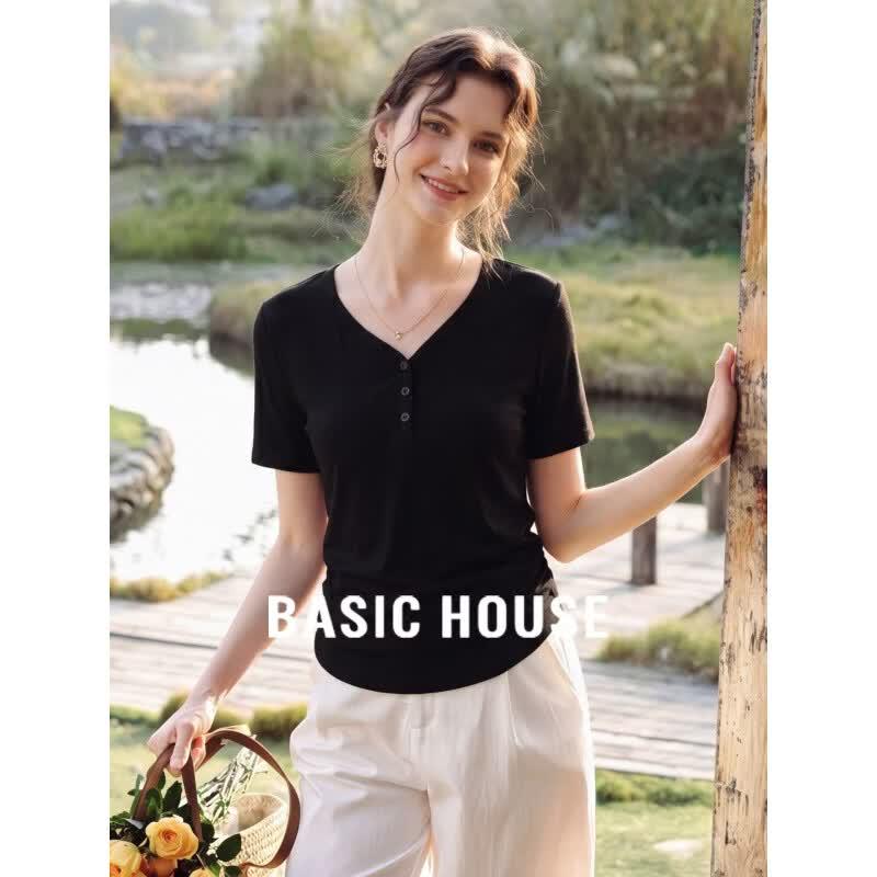 Basic House Women s Black Ice Silk V-Neck Henley T-Shirt M