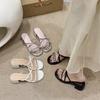 2025 summer new thick heel one-word cool slippers fairy style with skirt sandals wear rhinestone round head cool slippers