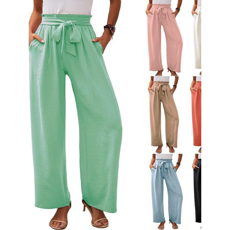 Solid Color Elastic Waistband Tied Pants Solid Elastic Waist Tether Pants Women