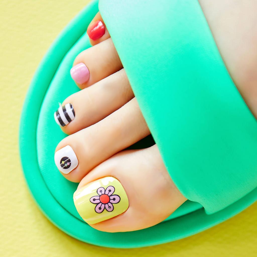 Party & Bold Pedicure Nail Stickers - 37 Self-Adhesive Tips, Vibrant Neon & Graphic Prints, Quick 5-Min Pedicure