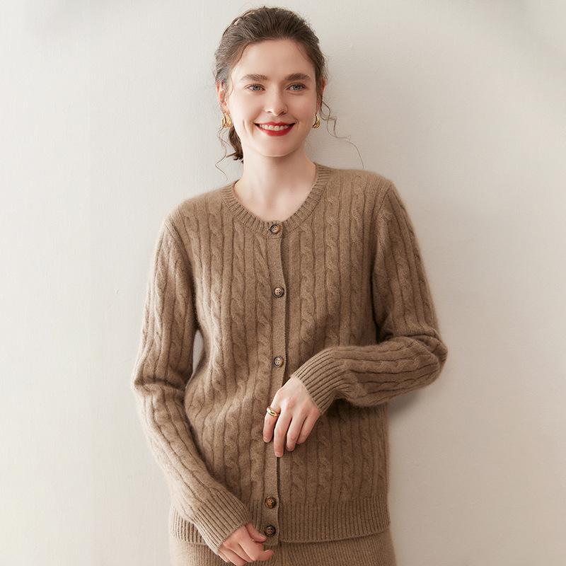 Women's Cashmere Round Neck Cardigan: Knit Long Sleeve Cable Sweater for Autumn & Winter Outerwear.