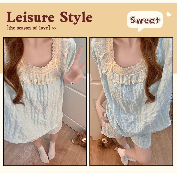 2026 Summer Women's Cotton Pajama Set with Built-in Bra, Lace Trim & Short Sleeves