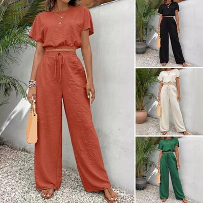 2Pcs/Set Tops Pants Set O-Neck Short Sleeve Elastic Hem Tops Casual Loose Fit Solid Color High Waist Long Trousers Set