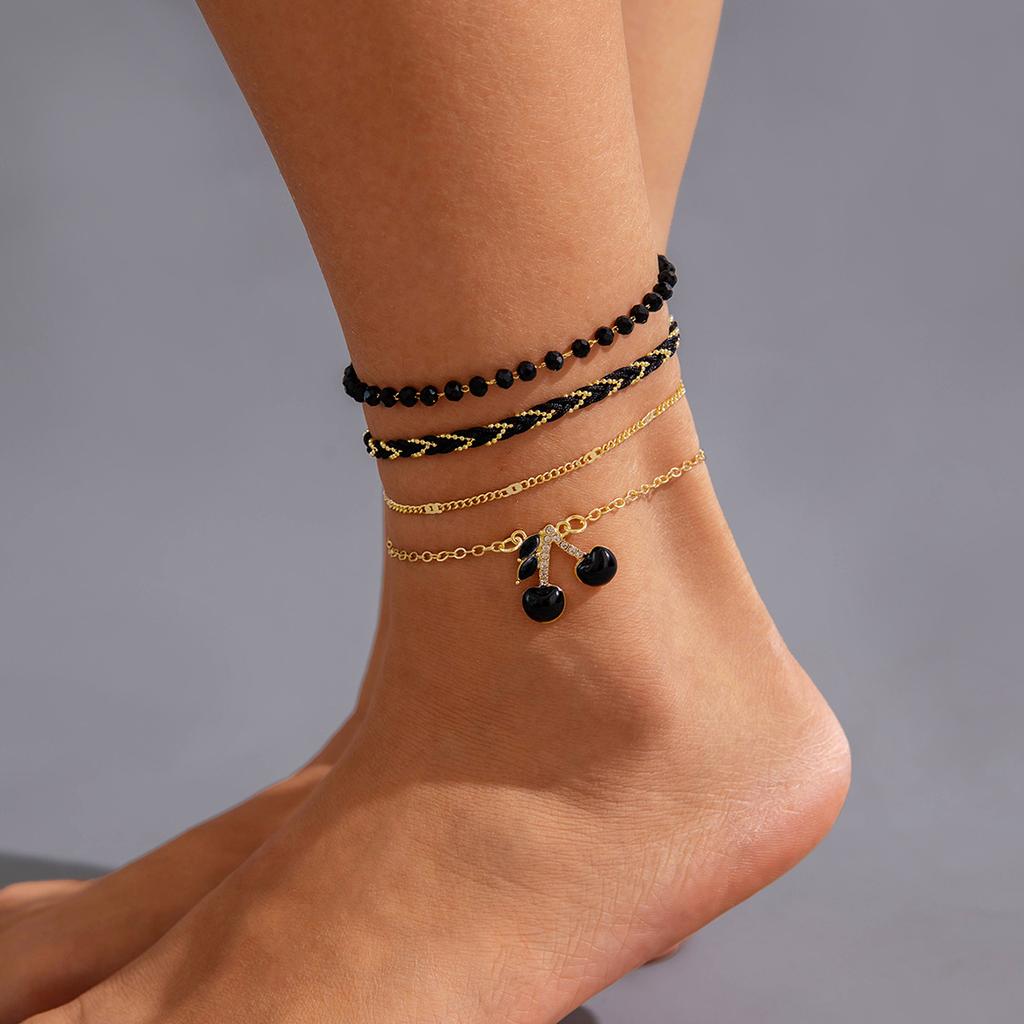 Red Rice Bead Beaded Multi-layer Foot Decoration with Diamond Cherry Cherry Anklet Three-piece Set
