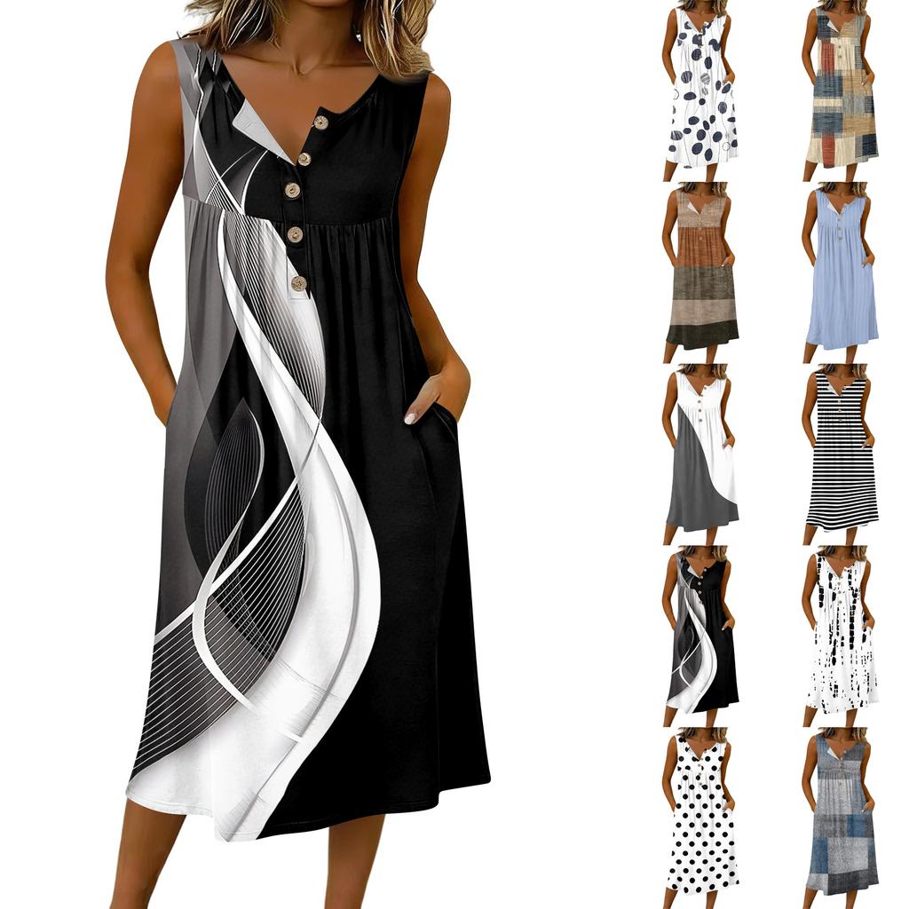 Women's Casual Sleeveless Button-down Mid-length Dress