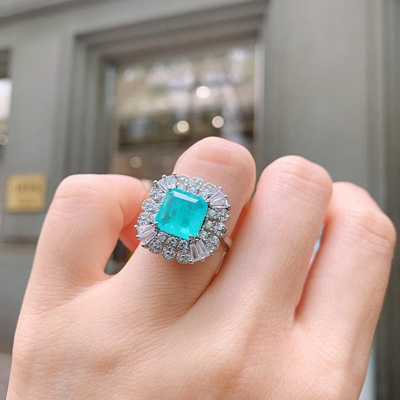Cross Border Paraiba Electroplating Simulation Simple Zircon Ring Women Square Blue Socialite Opening