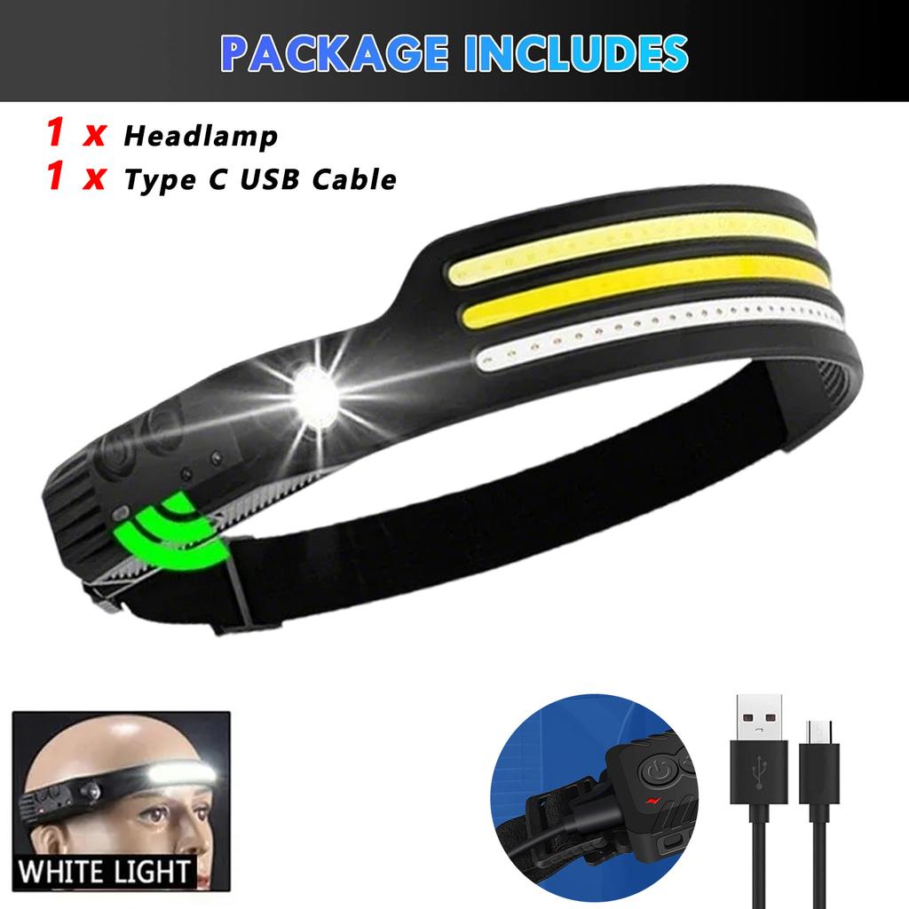 Sensor Headlamp LED Head Flashlight Rechargeable Headlight Head Torch Built-in Battery 5 Lighting Modes Fishing Camping Lantern