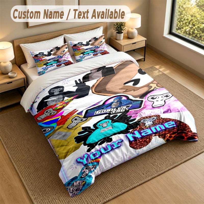Custom Name Text Bedding 3Pcs Set,Gorilla Tag cartoon 1 Duvet Cover 2 Pillowcases Soft Bed Linen For Gift