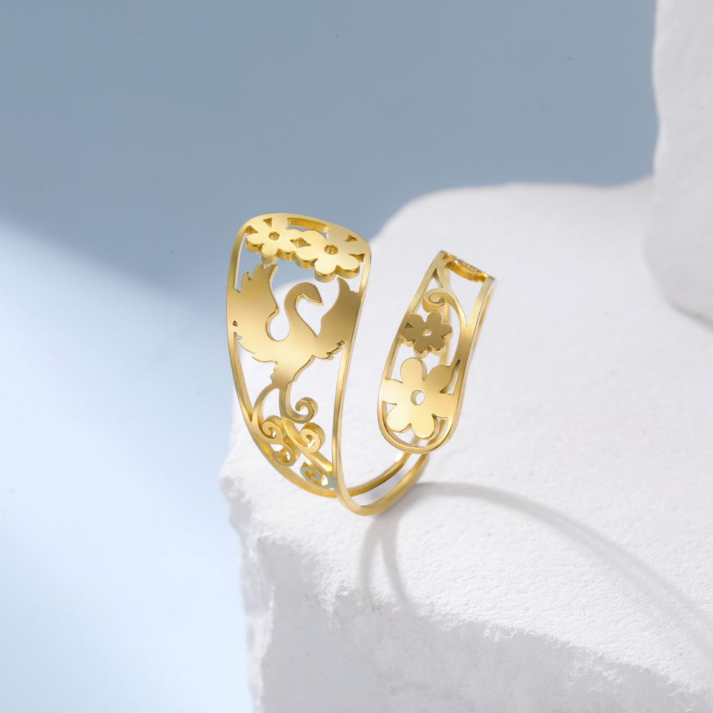 Vintage Flower Phoenix Hollow Stainless Steel Open Ring Gold Silver Bird Floral Adjustable Fashion Woman Gent Jewelry Gift