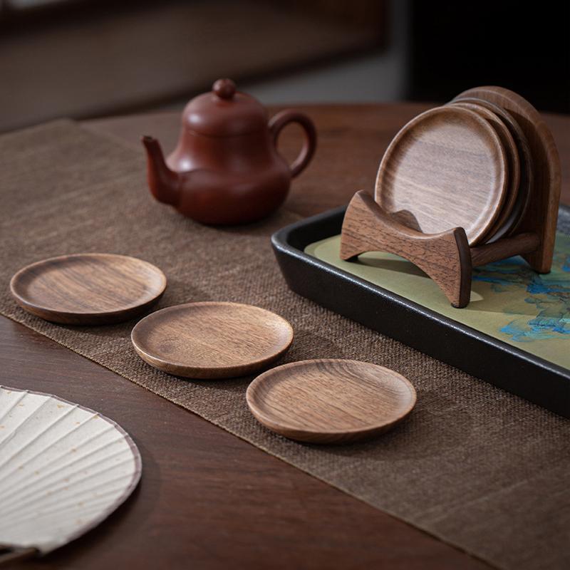 Walnut Wood Cup Mat Coffee Cup Heat Resistant Coaster Set Wooden Cup Pad with Storage Base for Home Kitchen Table Decoration