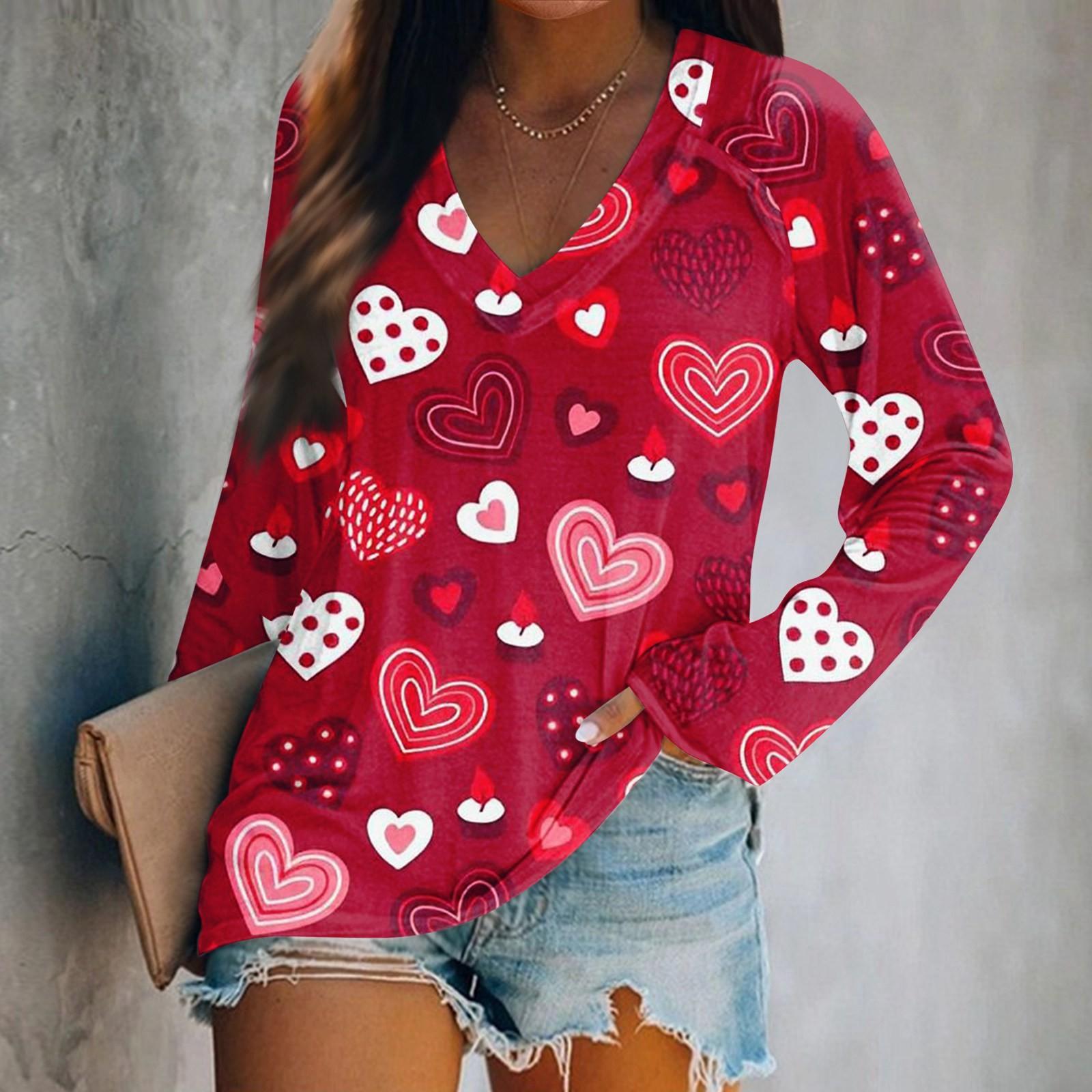 

Женская футболка с длинными рукавами и V-образным вырезом с принтом ко Дню святого Валентина. Повседневный и удобный топ XL арбуз красный