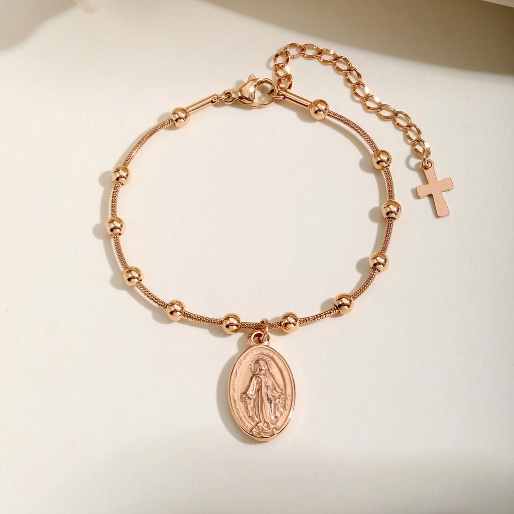 Holy Rosary Cross Beaded Bracelets for Women, Snake Chain Vintage Minimalist Charm Bracelets, Stainless Steel Jewelry Gifts