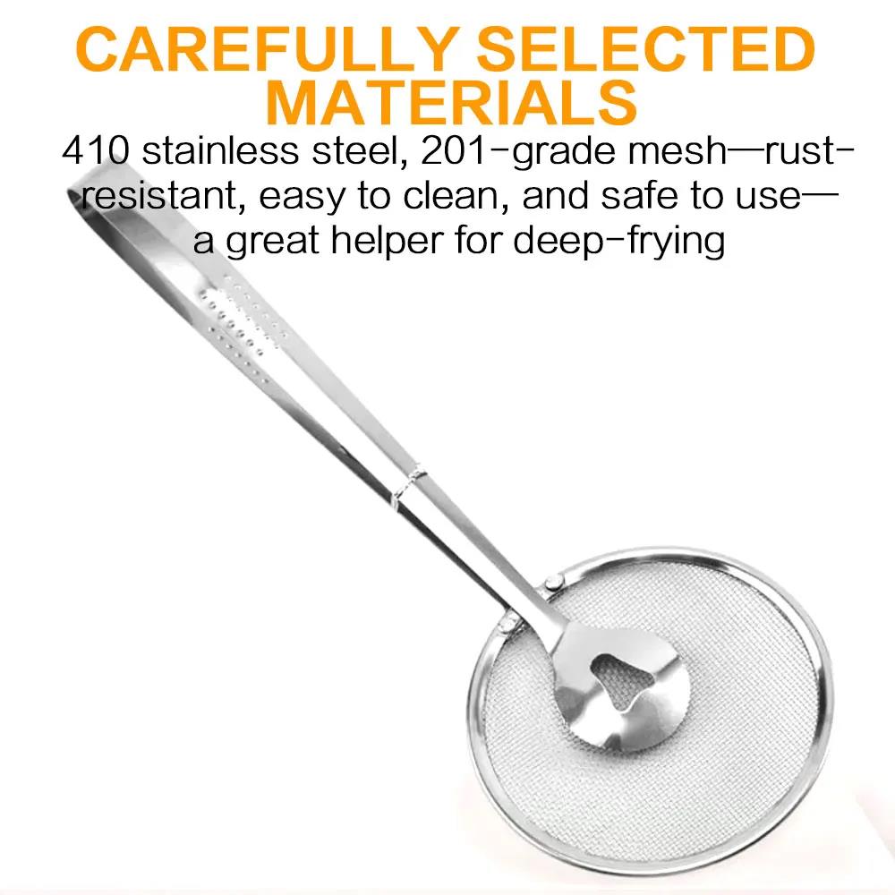 Stainless Steel Multifunctional Mesh Strainer Spoon Clip Oil Filter Colander Heat Resistant Kitchen Utensil Fried Food Salad BBQ Serving Long Handle