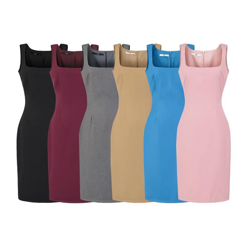 YPFF Trendy Women's Sleeveless Square Neck Slim Fit Dress Suit with Back Slit Skirt