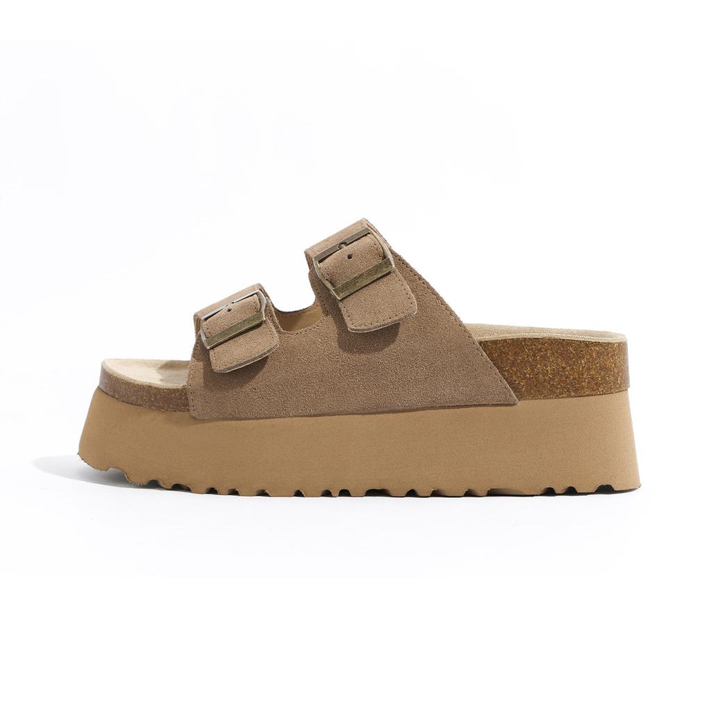 Cowhide Thick-soled Slippers Wear Retro Leather Birkencool Slippers Lazy Muffin Bottom One-word Beach Shoes