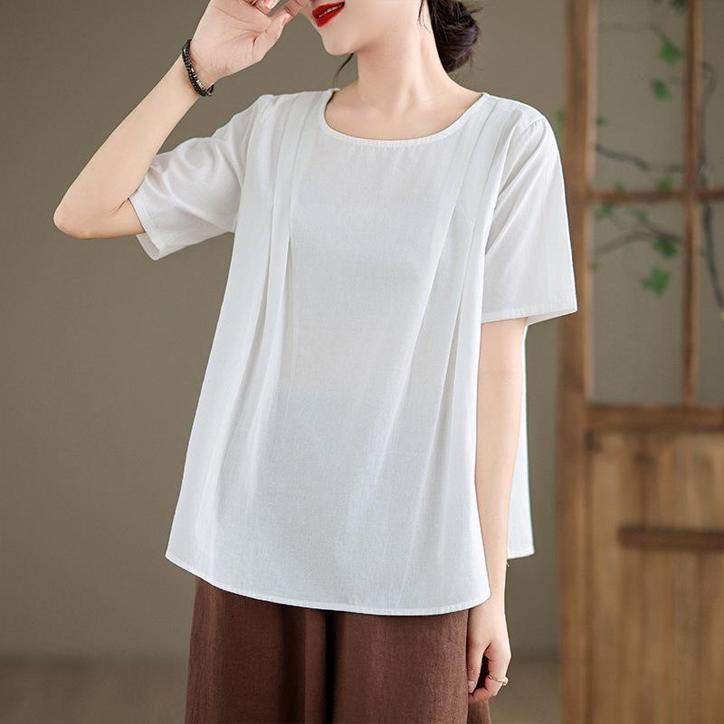 

Retro Cotton Linen Short Sleeve Round Neck Top - Summer Solid Color Linen T-shirt 2XL білий