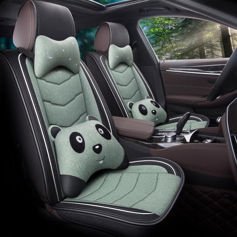 Full Coverage Linen Cartoon Panda Car Seat Cushion - Universal Fit, 2020
