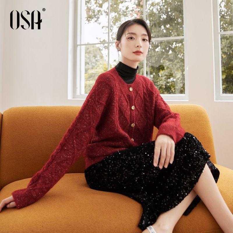 

OSA OSHA Retro Twist Knitting Cardigan 2024 New Arrival Women s Fall and Winter Atmosphere Wear Match Sweater Outwear Red M((50.00 kg-55.00 kg)