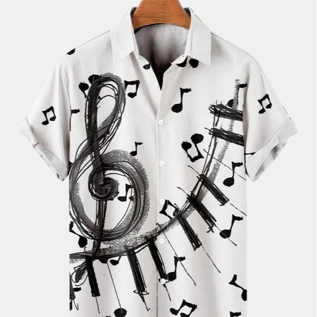 Men's Casual Shirt 3D Music Note Printed Hawaiian Men's Short Sleeve Lining