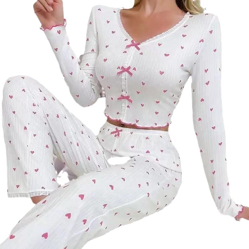 European and American Heart Print V-Neck Long Sleeve Pajama Set for Women - Two-Piece with Long Pants