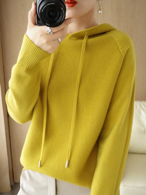 2025 Autumn/Winter Women's Hooded Knit Sweater - Long Sleeve, Solid Color, Loose Fit, Versatile Commuting Style
