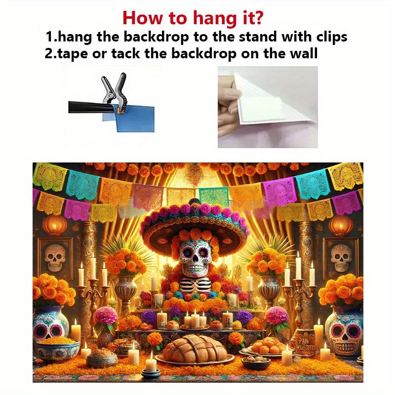 1 Day of the Dead Background Banner - Bright Sugar Skull Altar Design, Durable Polyester, Home Decoration