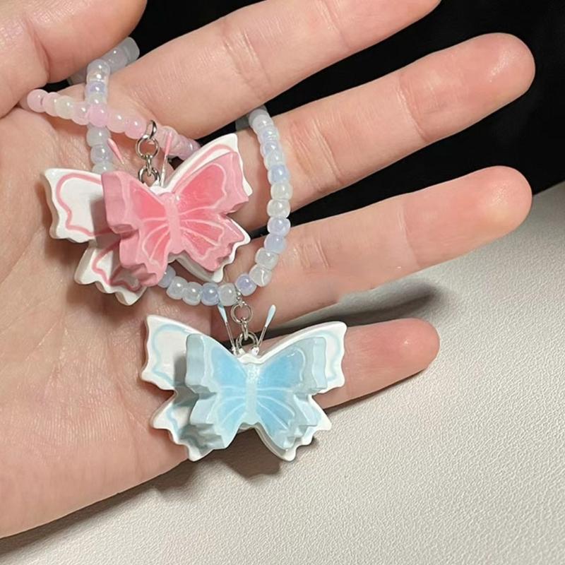 Fashion Resin Beaded Choker Sweet Butterfly Pendant Necklace Simple Collar Necklace Elegant Clavicle Chain Jewelry