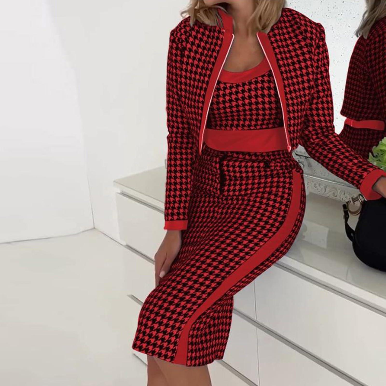 

Women s Slim Printed Long Sleeve Jacket Vest Plus Skirt Three Piece Set XL червоний